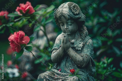 a statue of a praying angel surrounded by flowers