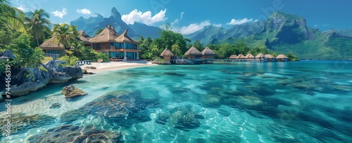 A picturesque tropical island with a sandy beach extending into clear blue waters, framed by lush mountains under a sky dotted with fluffy clouds