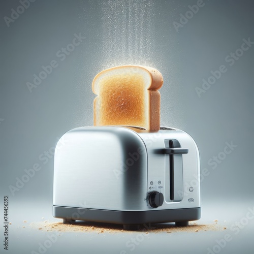 Clean, chromed toaster pops out a cooked slice of toast

