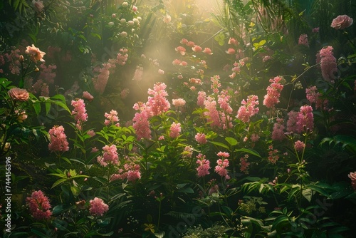 a lush green forest filled with lots of pink flowers