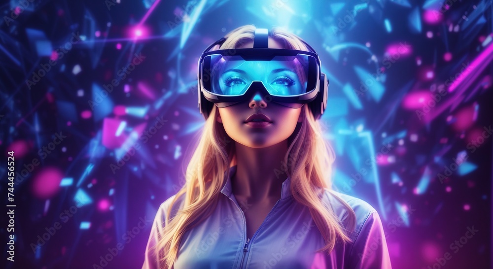 Blonde woman wearing a virtual reality headset in mystical world, glowing neon hologram background Blonde woman wearing a virtual reality headset in mystical world, glowing neon hologram background