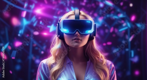 Blonde woman wearing a virtual reality headset in mystical world  glowing neon hologram background