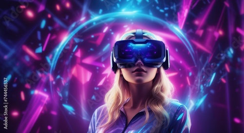 Blonde woman wearing a virtual reality headset in mystical world, glowing neon hologram background © MochSjamsul