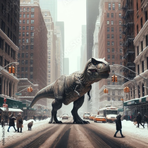 Tyrannosaurus Rex wanders the streets of a wintery city 