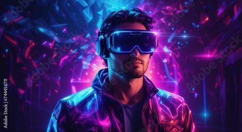 Western man wearing a virtual reality headset in mystical world, glowing neon hologram background