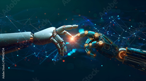 Digital hand hologram on dark background, Machine learning, Hands of robot and human touching on big data network connection background, Science and artificial intelligence technology, Generative Ai 