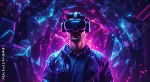 Western man wearing a virtual reality headset in mystical world, glowing neon hologram background