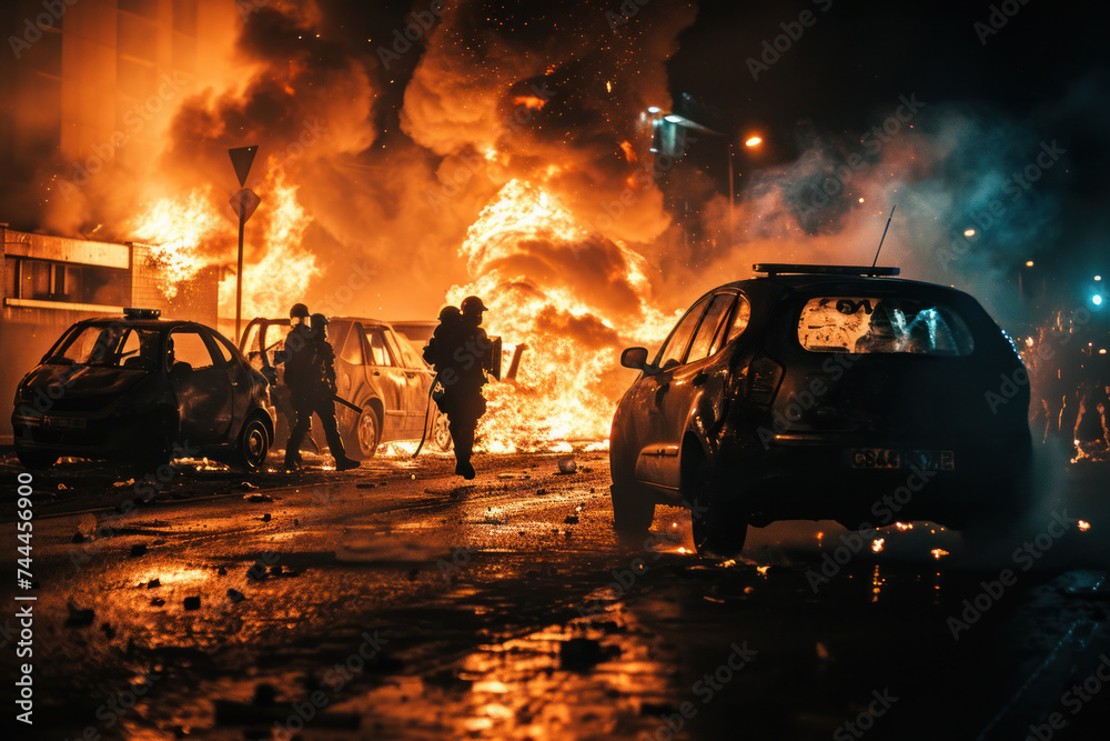 Emergency responders at night near burning vehicles. Urban crisis management.