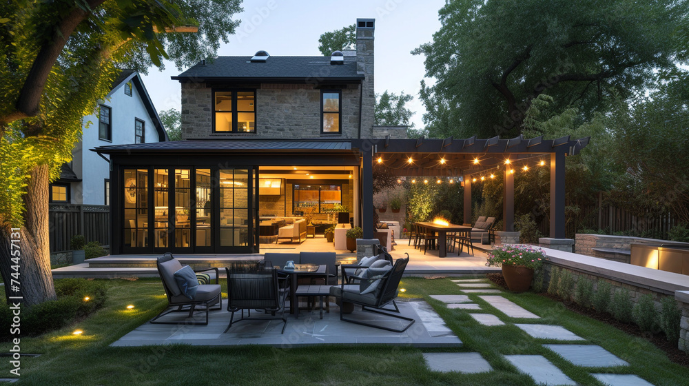 A suburban oasis with an AI-managed outdoor entertainment area, ambient lighting, and climate control, perfect for hosting gatherings and relaxing evenings. - obrazy, fototapety, plakaty 