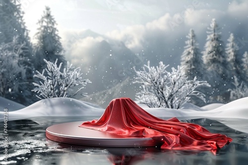 Romantic podium with red crystal silk on winter landscape background.