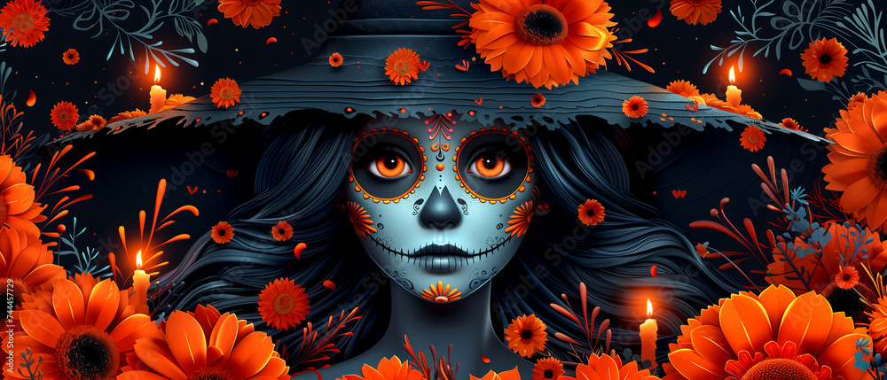 day of dead promotion banner. Girl in make up sugar skull day of dead promotion banner. Girl in make up sugar skull