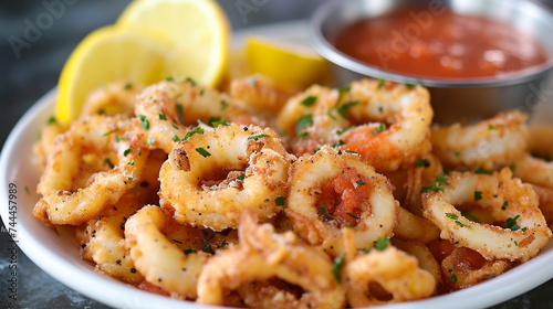 A tantalizing platter of crispy calamari, served with a side of tangy marinara sauce and fresh lemon wedges.