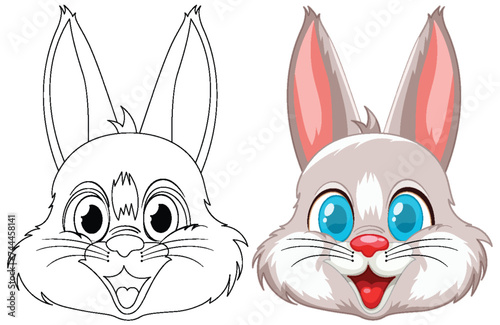 Illustration of rabbit transformation from line art to color.