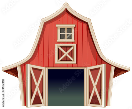 Cartoon-style red barn with white trim details.