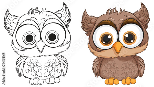 Vector illustration of an owl, colored and line art.