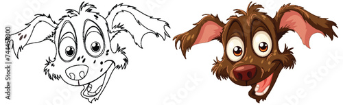 Two stages of a cartoon dog, sketch and colored