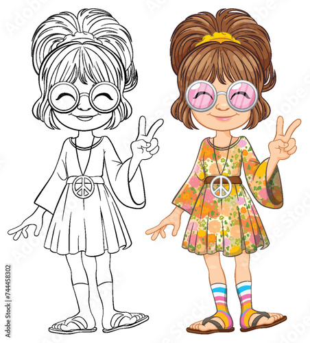 Two girls posing with peace signs, colorful attire.