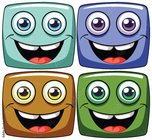 Four vibrant, smiling square faces illustration.