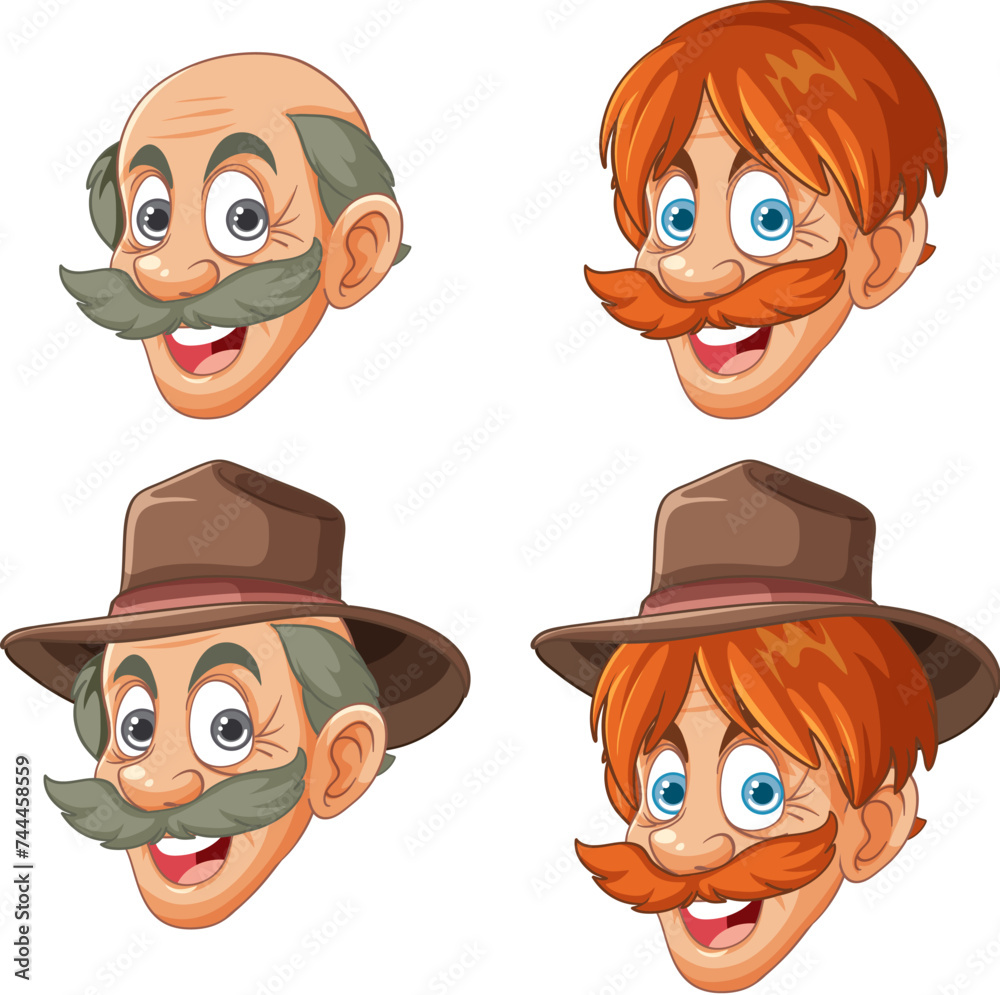 Four cartoon male faces with different expressions. Four cartoon male faces with different expressions.