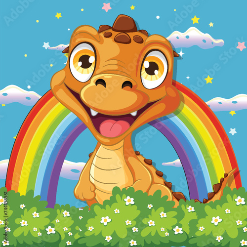 Happy cartoon dragon with vibrant rainbow wings