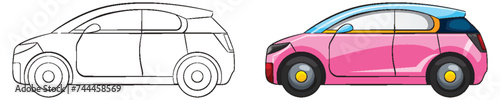 Vector transition from line art to colored vehicle