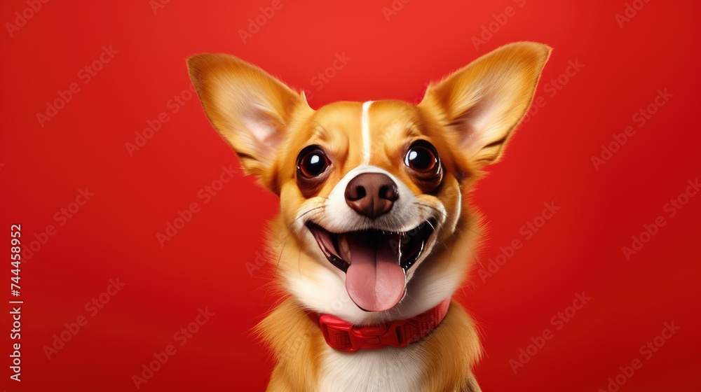 Portrait of a happy, cheerful dog on a red background. A pet.