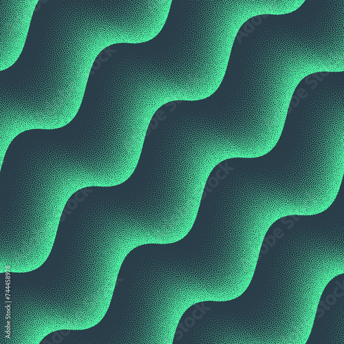 Wavy Layered Structure Seamless Pattern Trend Vector Turquoise Abstract Background. Emerald Euphoria Mesmerizing Green Wave Dynamic Pattern. Half Tone Repetitive Abstraction Wallpaper Dotwork Texture