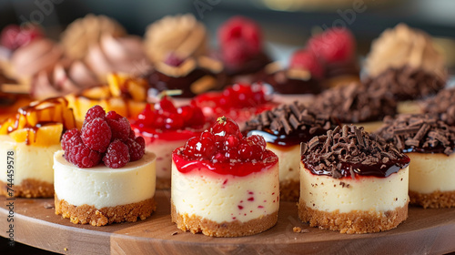 A tempting platter of assorted mini cheesecakes, each one topped with a variety of fruity compotes and chocolate shavings. photo