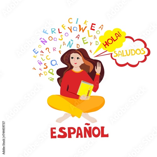 Espanol. Translation "Spanish". Spanish tutor. Online education, courses. Native speaker. Spanish language. Salut. Hello. Dictionnaire. Dictionary. Spanish school. Student. Girl studying online. 