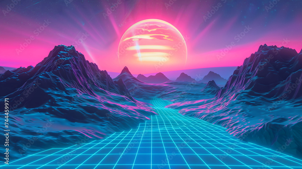 Teal, magenta and blue synthwave background.