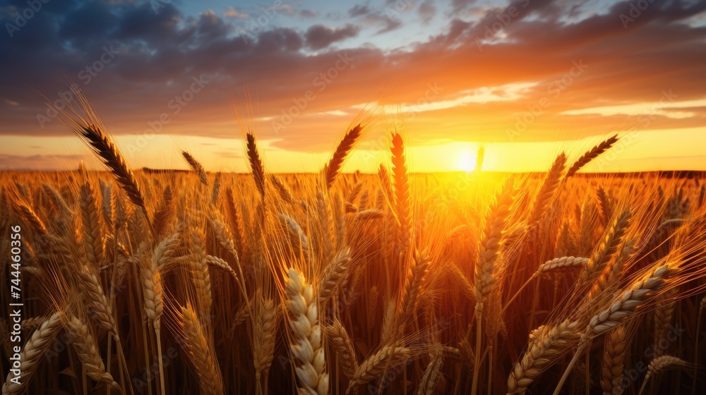 A wheat field. The ears of golden wheat are illuminated by the setting sun. Rural landscape under bright sunlight. The concept of a rich harvest. A wheat field. The ears of golden wheat are illuminated by the setting sun. Rural landscape under bright sunlight. The concept of a rich harvest.