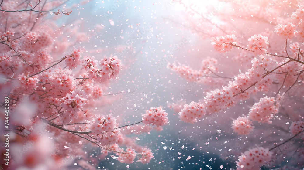A tranquil scene of cherry blossoms in bloom, their delicate petals fluttering in the breeze like pink snowflakes.