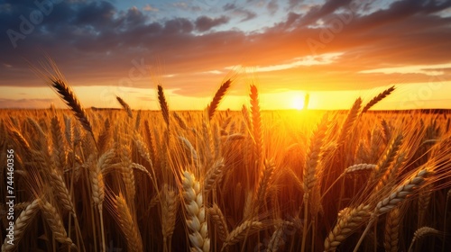 A wheat field. The ears of golden wheat are illuminated by the setting sun. Rural landscape under bright sunlight. The concept of a rich harvest. © Cherkasova Alie