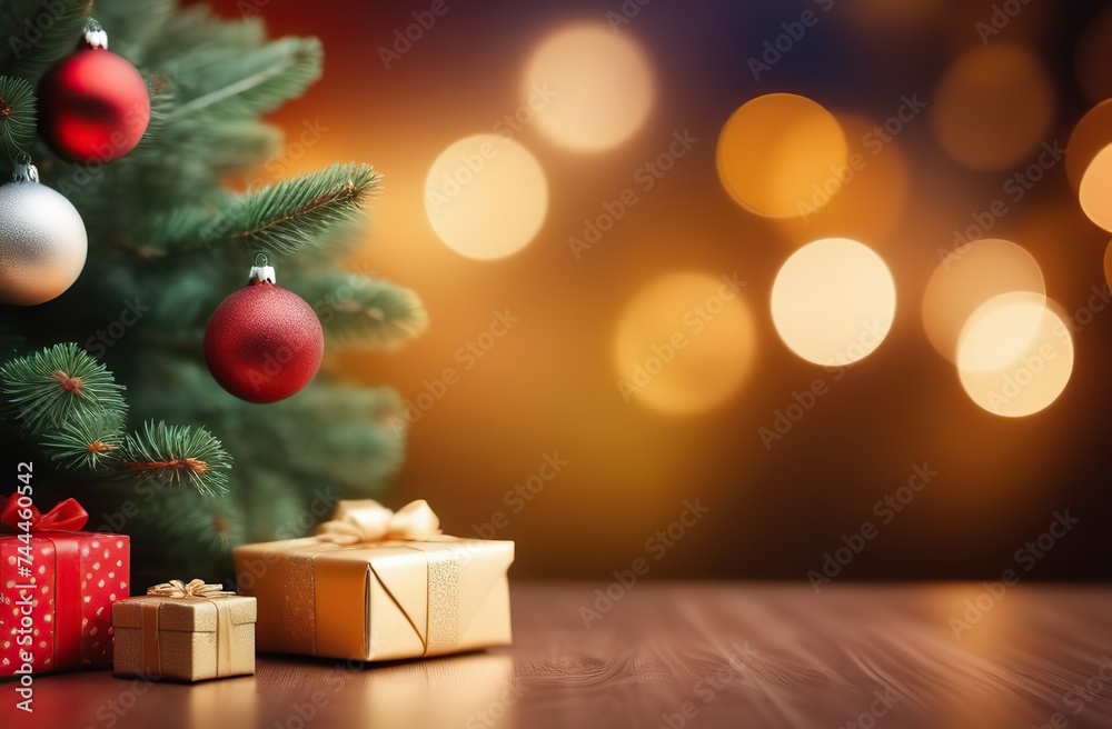 Christmas holidays banner, tree, bokeh background 