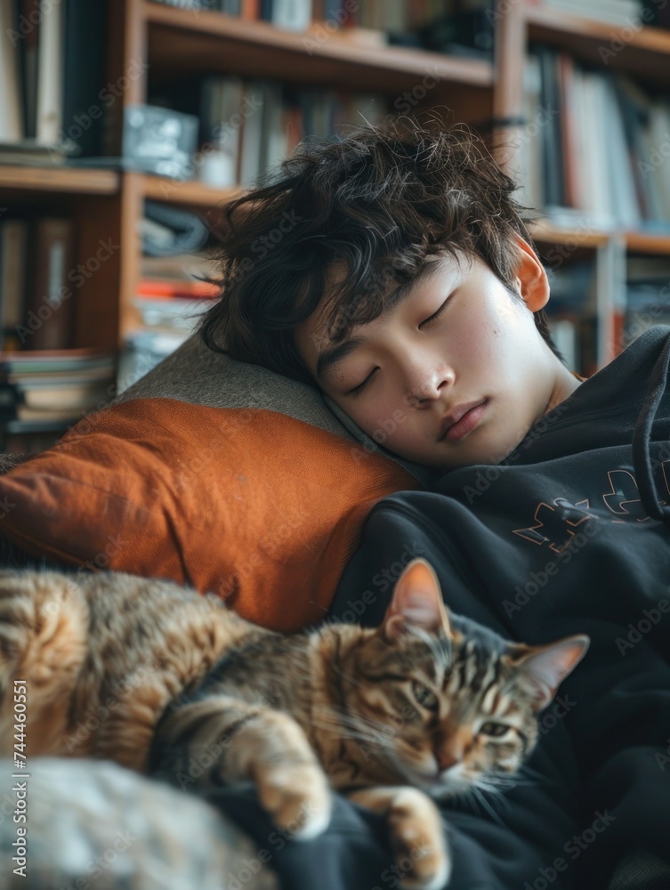 In a cozy setting, a child is absorbed in a book while a gentle orange tabby cat rests nearby, adding warmth and comfort to the scene. In a cozy setting, a child is absorbed in a book while a gentle orange tabby cat rests nearby, adding warmth and comfort to the scene.