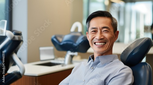 Dental delight: An Asian man with stunning teeth smiles with confidence in a dentist's chair, radiating joy and dental wellness.