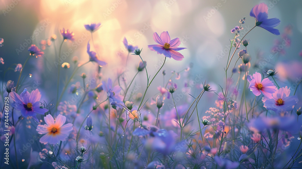 A tranquil scene of wildflowers swaying in the breeze, their delicate blooms dancing in the soft light of dawn.