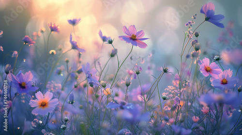 A tranquil scene of wildflowers swaying in the breeze  their delicate blooms dancing in the soft light of dawn.