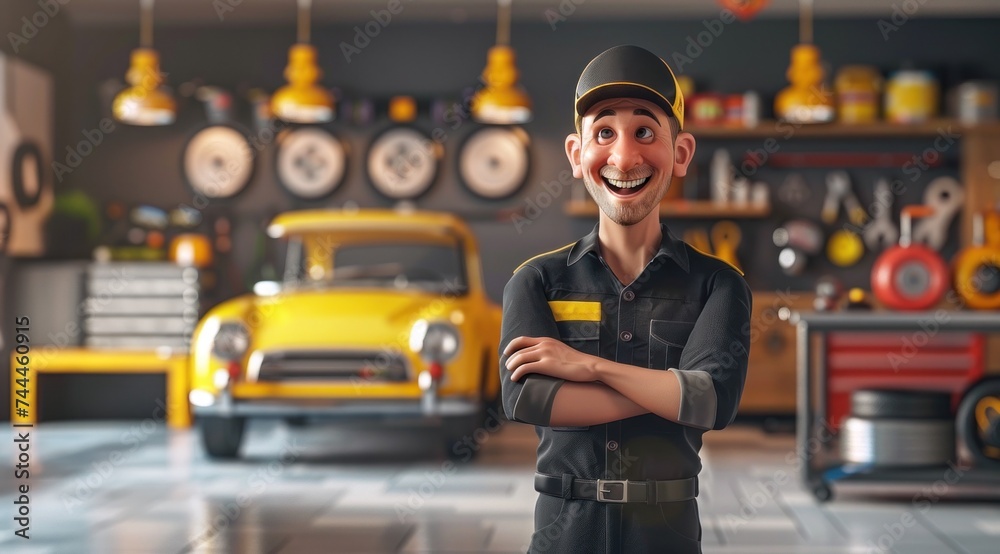 Obraz premium Personnage cartoon d'un garagiste automobile souriant, dans son atelier de réparation.