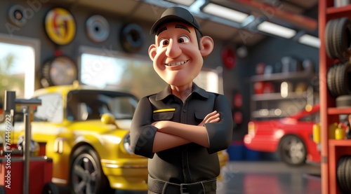 Personnage cartoon d'un garagiste automobile souriant, dans son atelier de réparation. © David Giraud