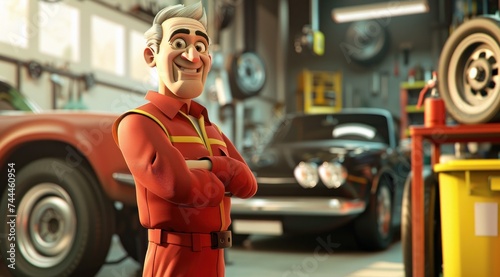 Personnage cartoon d'un garagiste automobile souriant, dans son atelier de réparation. photo