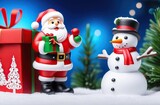 christmas tree decorations, santa claus with gifts, snowman in the snow, christmas gift boxes