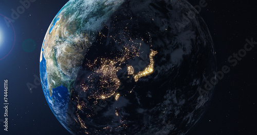Nightfall in eastern Asia, Bright lights of the night cities of Japan, China and Korea on a satellite map. Earth globe view from space. Contains NASA images.