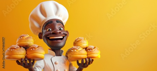 Personnage cartoon d'un boulanger noir souriant, fond orange, image avec espace pour texte.