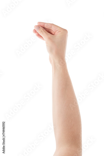 Adult man hand hold something with fingers isolated on white background