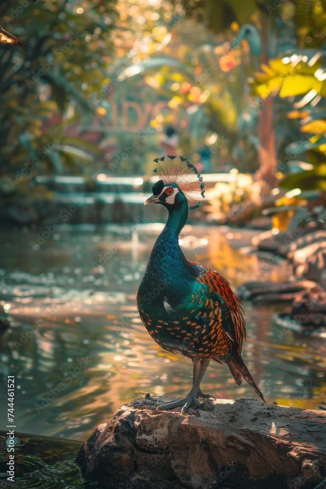 A majestic peacock by a pond, bathed in sunlight amidst lush greenery. A majestic peacock by a pond, bathed in sunlight amidst lush greenery.