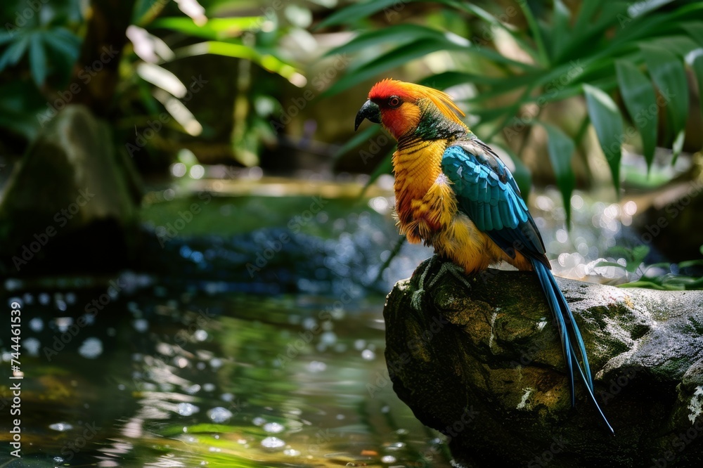 A vibrant bird perched by a pond amidst lush greenery. A vibrant bird perched by a pond amidst lush greenery.