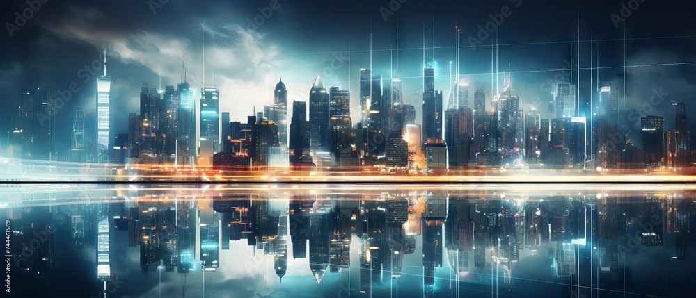 Futuristic Urban Nightscape: Abstract City Lights and Towering Skyscrapers Illuminating the Dark Streetscape