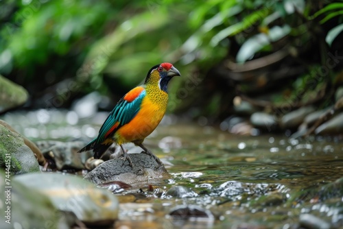 A vibrant bird standing by a stream amidst lush greenery.