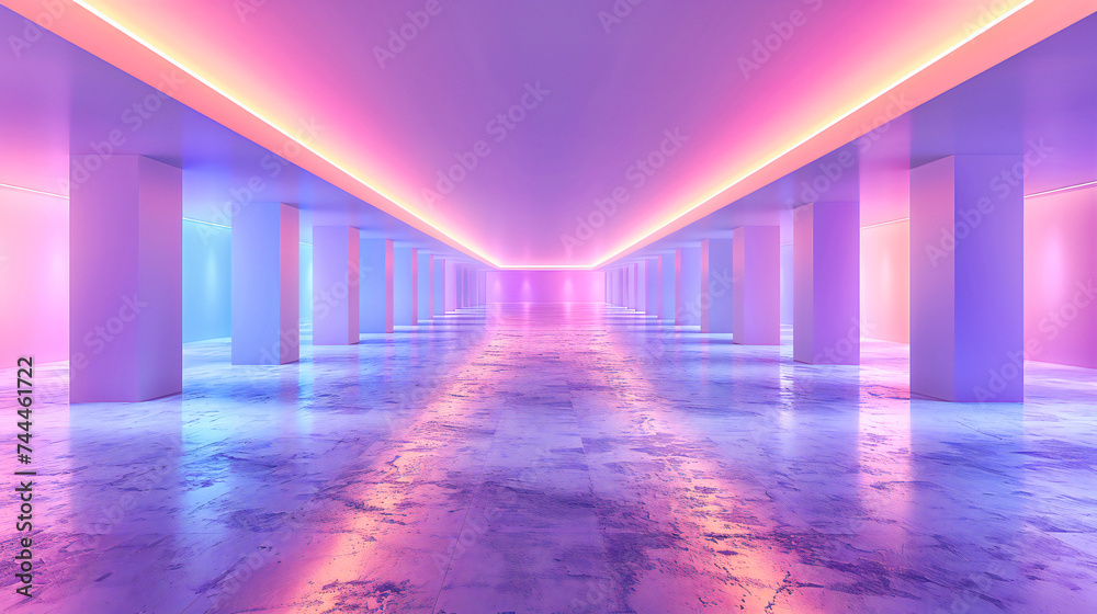 Neon lights lead through a futuristic tunnel, crafting a path of bright lines and geometric shapes in the darkness Neon lights lead through a futuristic tunnel, crafting a path of bright lines and geometric shapes in the darkness